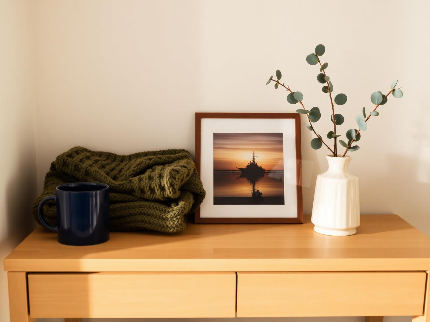 Warm entryway table with a navy mug, knit blanket and a framed photo of a naval ship