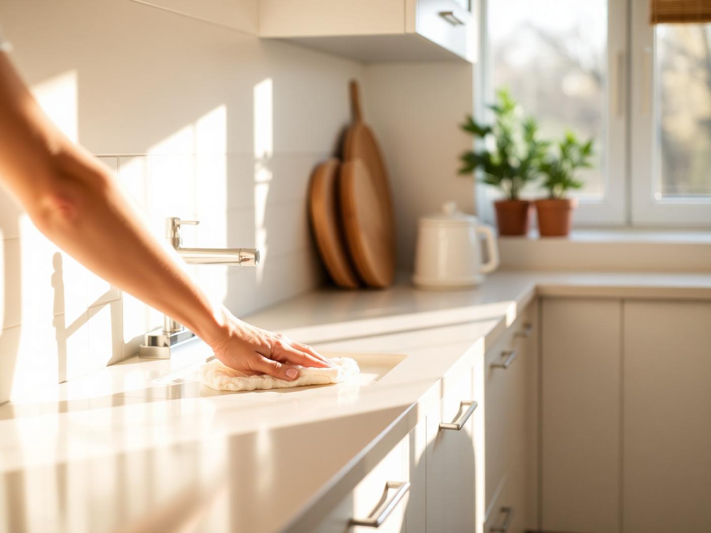 Kitchen counter being wiped during a regular maintenance clean