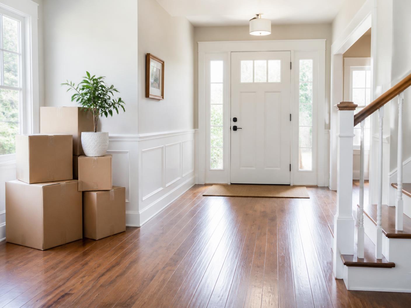 Clean, empty entryway with moving boxes ready for a move-out cleaning